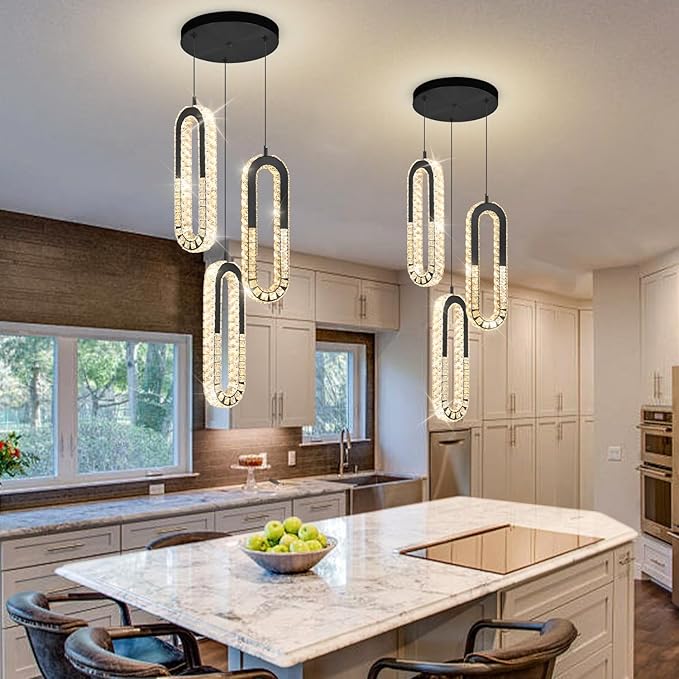 3-Light Pendant Lighting,Dining Room Chandelier Light Fixture Modern Hanging Chandeliers for Hallway Entryway Bedroom Kitchen Island (Black Crystal Chandelier)