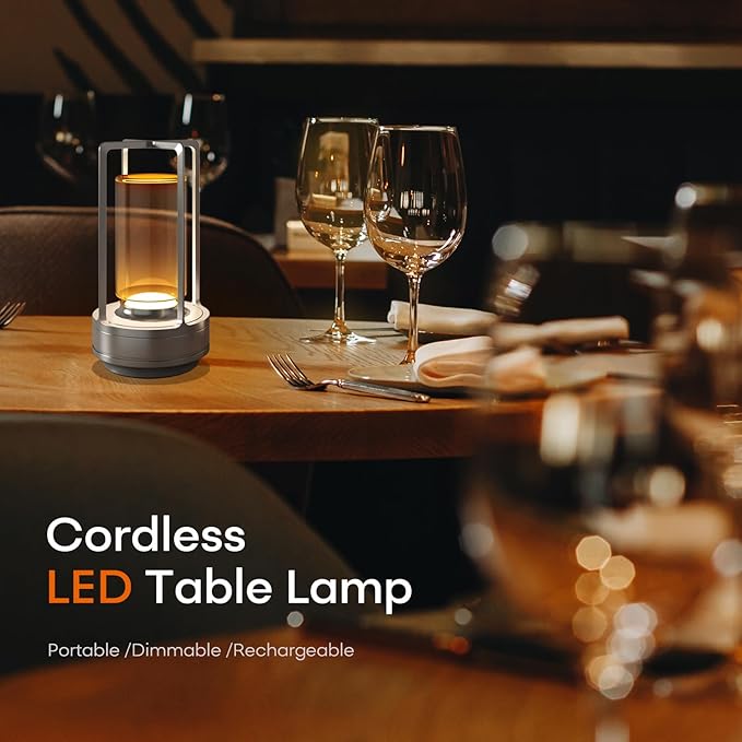 Portable Metal Table Lamp for Indoor/Outdoor ,Rechargeable Cordless LED Lamp, 3-Colour Infinitely Dimming Battery Powered Small Desk Lamp, Restaurant/Bedroom/Bar/Coffee/Camping Light (Sliver Set of 2)