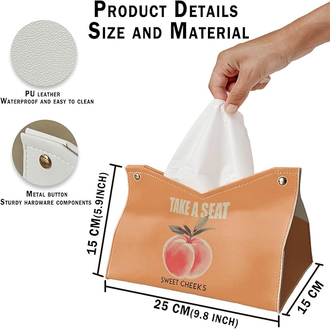 Funny Peach Tissue Box Cover Rectangle, Orange Tissue Box Holder for Bathroom, Take A Seat Sweet Cheeks PU Facial Paper Case, Funny Bathroom Decor Gifts for Women Funky Organizer Holder 9.8x5.9x5.9