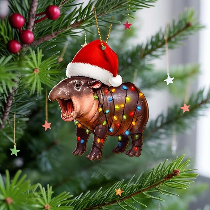 Moo Deng Ornament – Wooden Christmas Tree Decor 2025, Funny Lucky Hippo Keepsake Gift for Thai Culture Fans and Pet Lovers