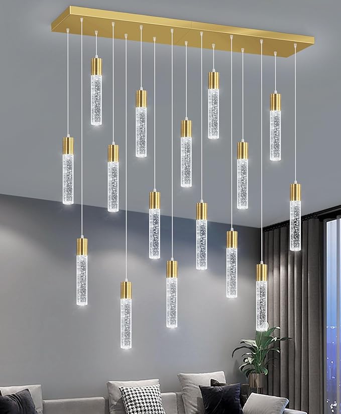16-Lights Modern Crystal Rectangular Chandeliers LED Pendant Light for Kitchen Island High Ceiling Chandelier for Dining Room Entrance Foyer Living Room Gold