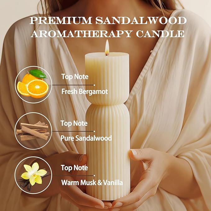 Large Hourglass Pillar Candles,2 Pack Sandalwood Scented Handmade Pillar Candles,Natural Soy Wax,Smokeless,Cream White Elegant Candle for Meditation,Shelf & Table Decor Housewarming Gift