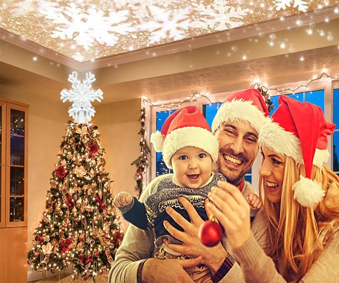 Christmas Tree Topper with 3D Snowfake Projector,fohuas LED Rotating Snowflake Xmas Festival Ornament Light Lamp,Glitter Sparkling Hollow Lighted Silver White Snow Tree-top Decoration