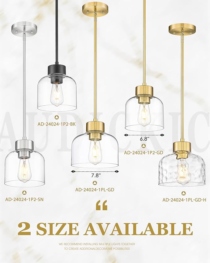 2-Pack Pendant Lights Kitchen Island, 8" Brushed Gold Hanging Light Fixtures with HHammered Glass, Modern Brass Kitchen Pendant Lighting Over Island for Dining Room, AD-24024-1P2L-GD-H