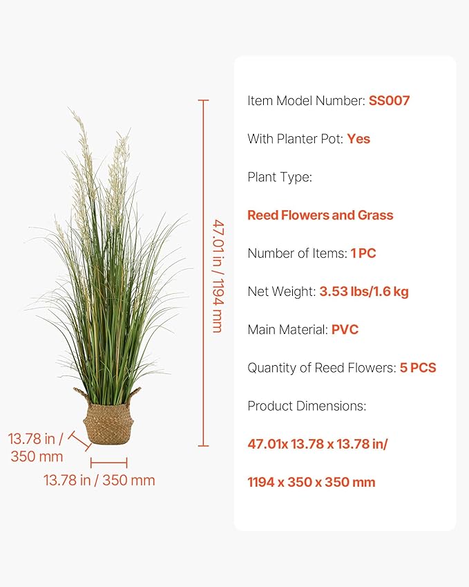 VEVOR Artificial Grass Plant, 47 inch Reed Flower Grass in Pot, Premium PVC Faux Fake Greenery Shrubs Plant for Indoor Outdoor House Home Garden Office Room Décor, Housewarming, 1 Pack Green