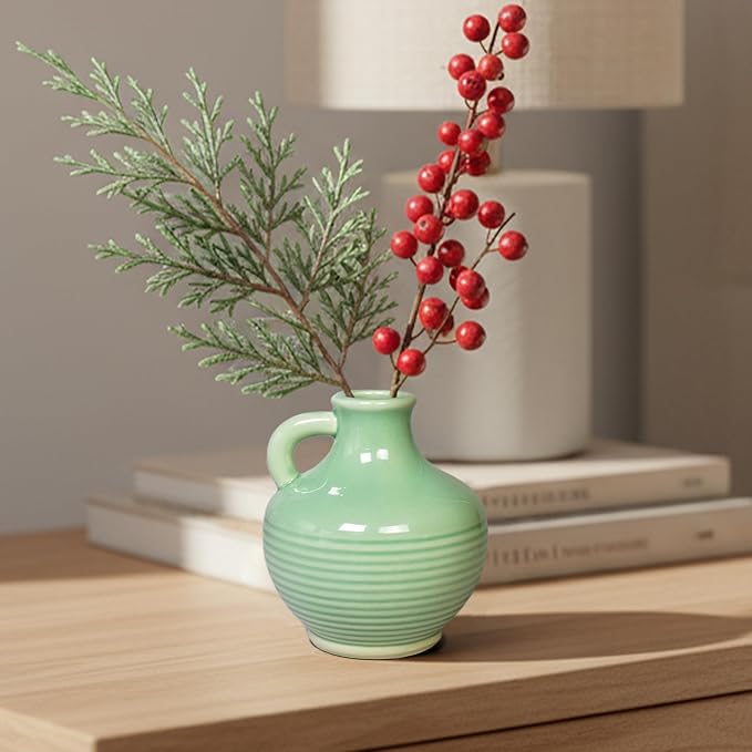 Sunddo Green Ceramic Vase 6 Inch - Small Modern Decorative Vase with 1 Handle for Home Decor, Boho Decor, Room, Bathroom, Living Room, Kitchen, Office