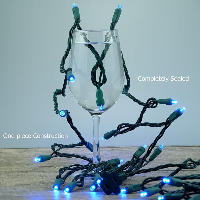 YULETIME Blue 5MM LED Christmas Lights, 33 ft 100 Count 4" Spacing One-Piece High Waterproof Wide Angle UL Certified String Light (Blue - Green Wire)