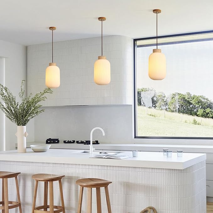 Mid Century Modern Pendant Lights Kitchen Island Large Ribbed Milk Glass Pendant Light Farmhouse Foyer Pendant Lighting Fixture White Pendant Lighting for Kitchen Island (2 Pack)