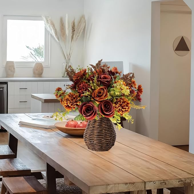 Artificial Fall Flowers, 4 Bundles Autumn Faux Flower Arrangements, Silk Roses Bouquets for Fall Decor, Home Decor, Table Centerpieces, Thanksgiving Decorations (Fall Color, 4 Bundles)