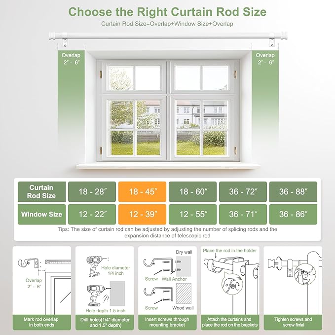 Sturdy Durable Curtain Rod:White Curtain Rods for Windows 18-45 Inch,Adjustable Heavy Duty Curtains Rod for Bedroom/Kitchen/Dorm/Apartment/Door,Small Modern Decorative Drapery Rods (All-Metal)
