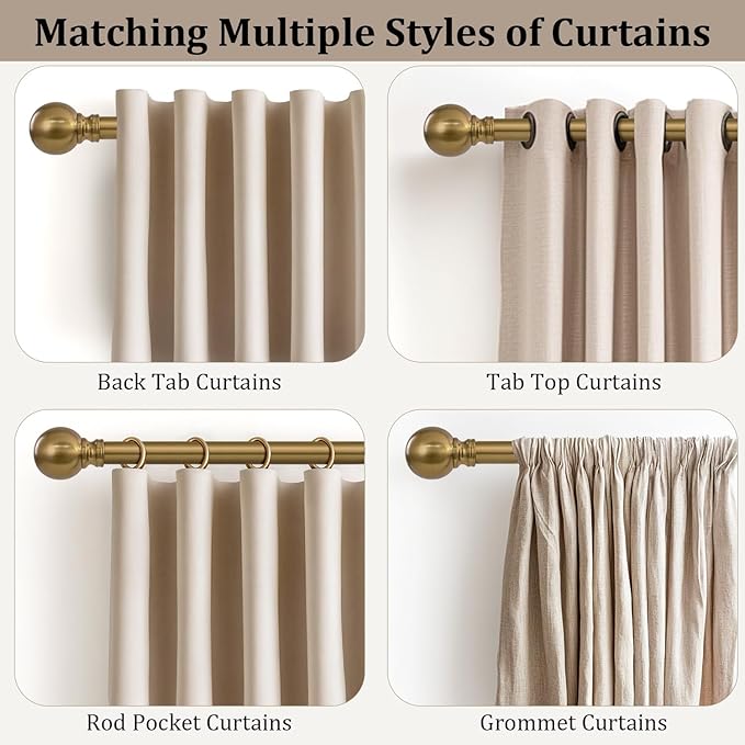 Warm Gold Curtain Rods for Windows Small 28 to 48 Inch 1" Diameter Short Adjustable Heavy Duty Antique Brass Metal Decorative with Finials Vintage Brushed Bronze for Living Room Bedroom Kitchen
