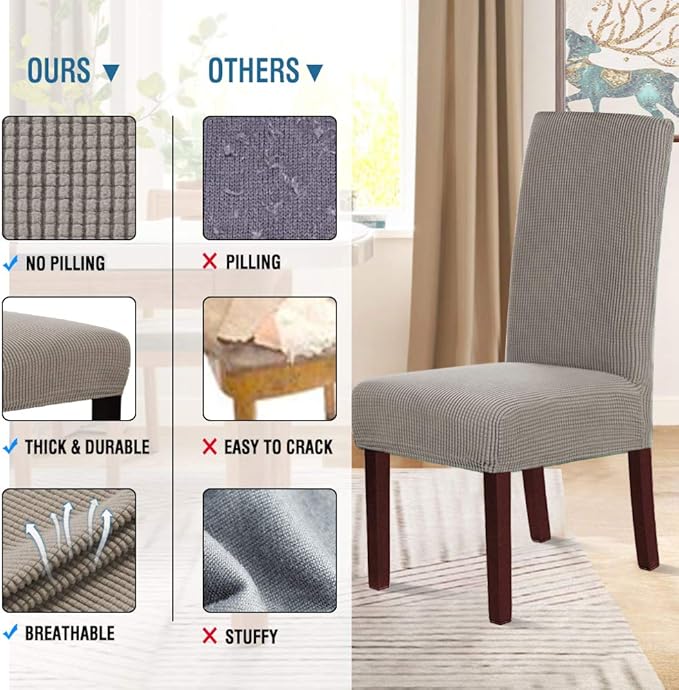 H.VERSAILTEX Stretch Dining Chair Covers Set of 4 Chair Covers for Dining Room Parsons Chair Slipcover Chair Protectors Covers Dining, Feature Textured Checked Jacquard Fabric, Taupe