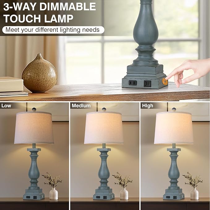 28" Tall Farmhouse Table Lamps Set of 2 with USB C+A Ports and AC Outlet, 3 Way Touch Control Rustic Bedside Lamp for Bedroom, Blue Vintage Nightstand Lamp for Living Room Office