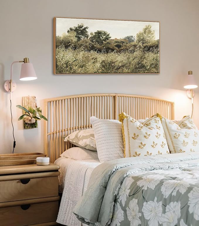 BLINFEIRU Framed Wall Art for Living Room, Vintage Oats Field Landscape Painting Prints, Nature Country Scenery Artwork, Retro Farmhouse Grassland Picture, Home Bedroom Office Wall Decor 20"x40"