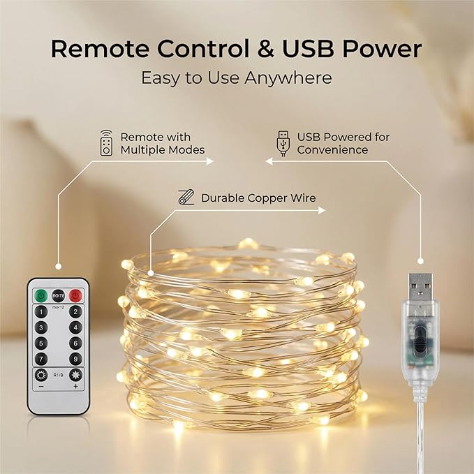 Warm White LED Fairy Curtain Lights, 300 LEDs with Remote Control - 8 Modes Dimmable, USB Plug-in String Lights for Bedroom Wedding Christmas Party Indoor Decor