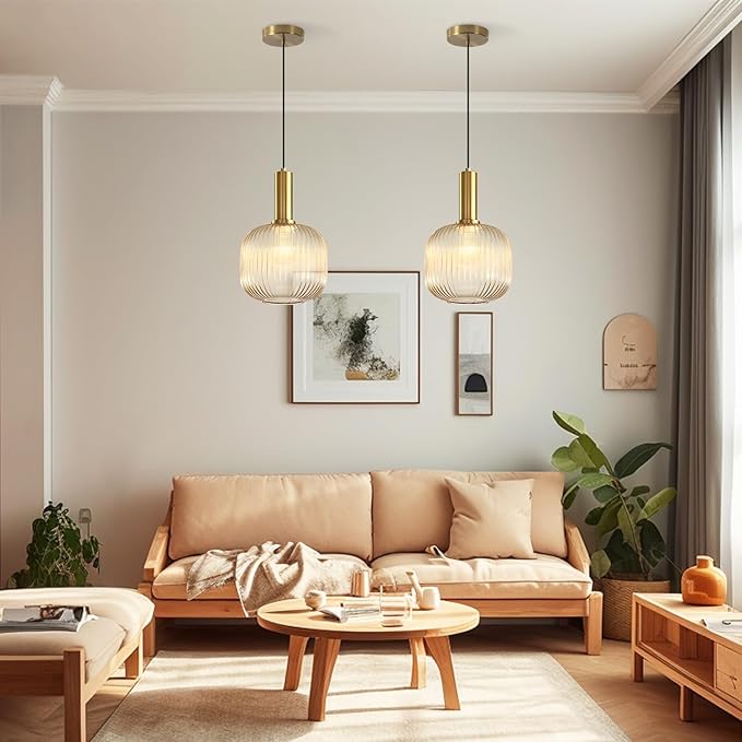 KCO Lighting Amber Glass Globe Pendant Light Mid Century Modern Kitchen Island Pendant Lighting Gold Single Pendant Light Fixture Vintage Brass Hanging Ceiling Light for Living Room Dining Room