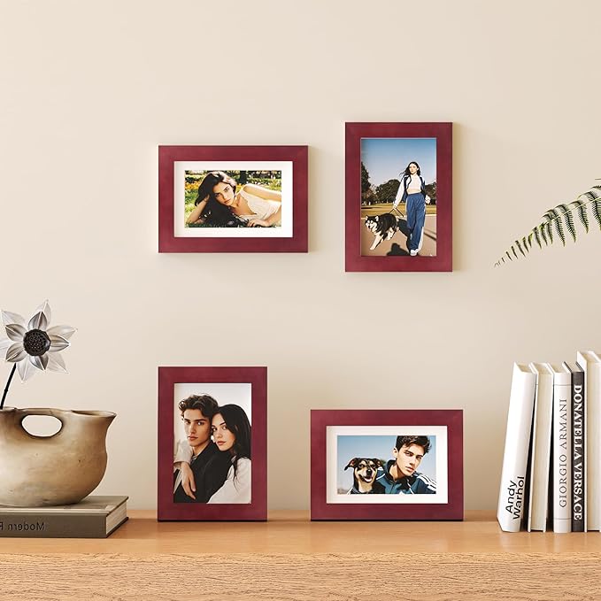 Egofine 4x6 Frames Set of 4, Made of Solid Wood Covered by Plexiglass 3x4.5 and 3.5x5 with Mat or 4x6 without Mat, for Table Top Display and Wall Mounting Photo Frame, Cherry Red