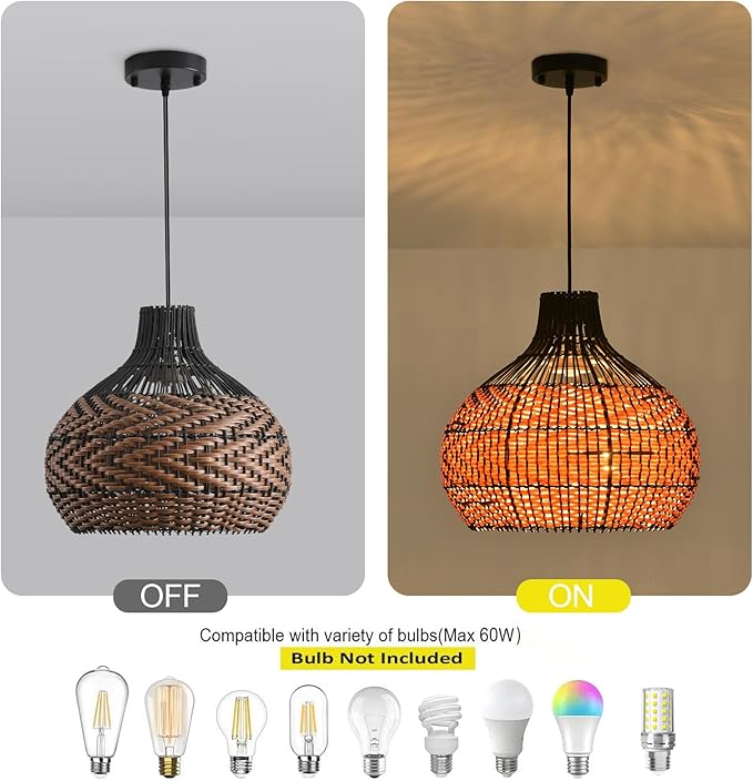 3-Light Rattan Pendant Light,15" Hand-Woven Black Brown Faux Rattan Hanging Light Boho 1-Pack Wicker Basket Chandelier,for Living Room Bedroom Kitchen Dining Farmhouse