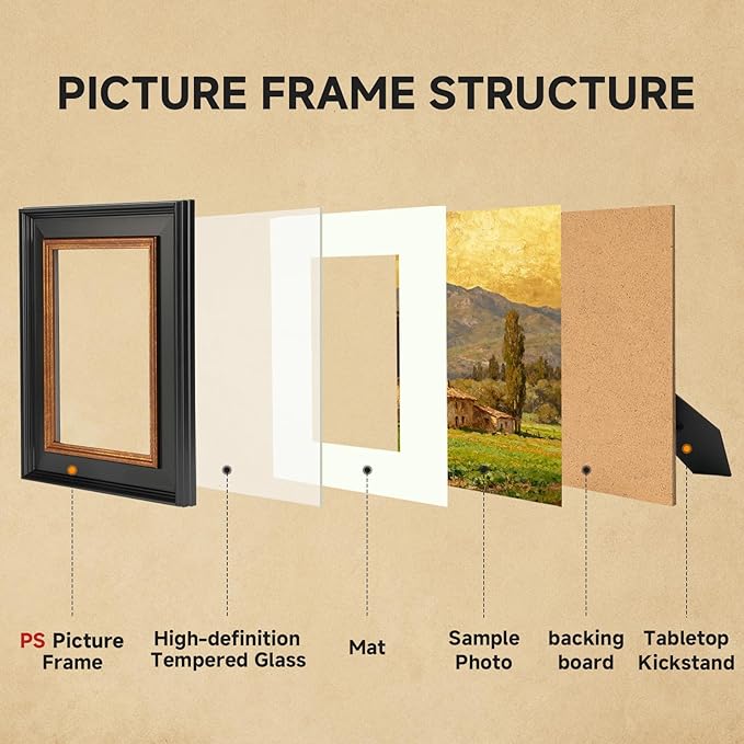 8x10 Black Picture Frame, 8 x 10 Photo Frame with Real Glass, Vintage Picture Frames for Wall or Tabletop Display, Display Poster 5x7 with Mat or 8x10 Without Mat for Antique Déco,Black with Gold Trim