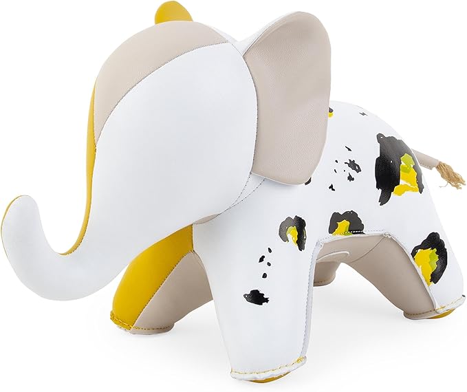 Bookend Elephant Abby Fresh Awaken, Leather Bookends for Shelves, Handmade Animal Home Decor, Zuny Series, White+Yellow Leopard+Ochre Yellow