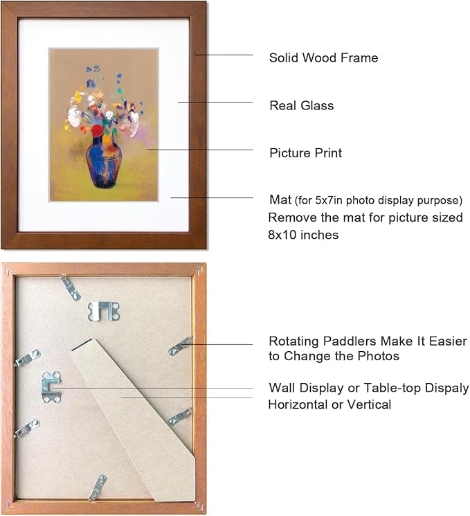 8x10 Picture Frame Set of 2 Made of Solid Wood Photo Frame with Real Glass for Pictures 5x7 with Mat or 8x10 Without Mat, Wall Gallery or Tabletop display Picture Frames, Brown