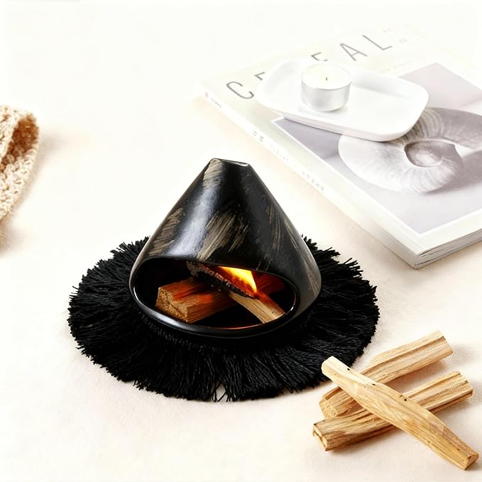 Ceramic Palo Santo Holder Burner,Incense Cone Holder,Mini Chiminea for Palo Santo Sticks and Sage Burner,with Handmade Heat Insulated Mat,Dust Brush,Metal Tweezer. (Black with Stripes)