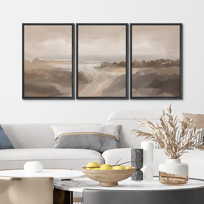 MUDECOR Framed Canvas Print Wall Art Serene Landscape Neutral Coastal Illustrations Realism Decorative for Living Room, Bedroom, Office - 16"x24"x3 Black
