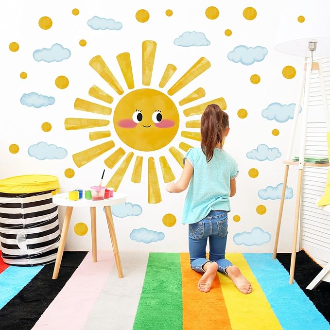 Large Sun Wall Decals Watercolor Cloudy Wall Stickers for Kids Room, Smile Sun Polka Dots Clouds Wall Decor Stickers Peel and Stick Art Murals Decorations for Nursery Classroom Bedroom