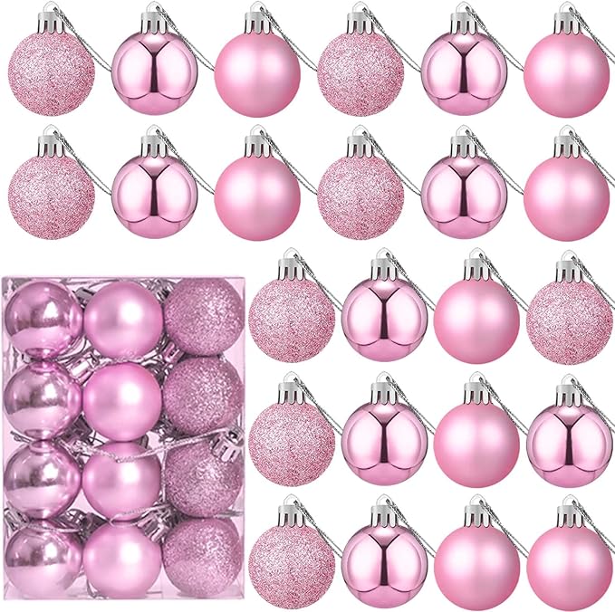 24 Count Mini Pink Ornaments for Mini Christmas Tree, Small Shatterproof Christmas Tree Ornaments Balls Party Decorations, 1.2 Inch