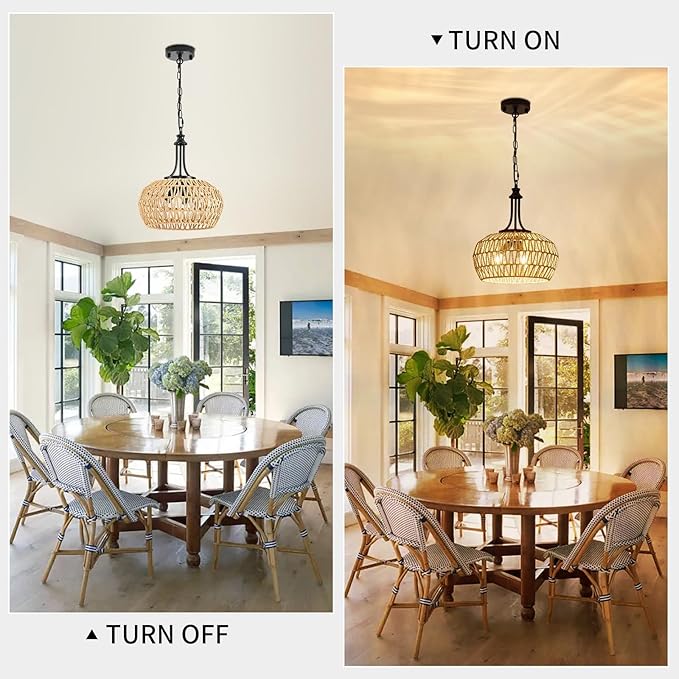 Farmhouse Chandelier Light Fixtures, 3-Light Rattan Boho Pendant Lighting Ceiling Hanging Lamp with Woven Lampshade, Coastal Hanging Light Fixtures for Dining Room Kitchen Island Living Room Entryway