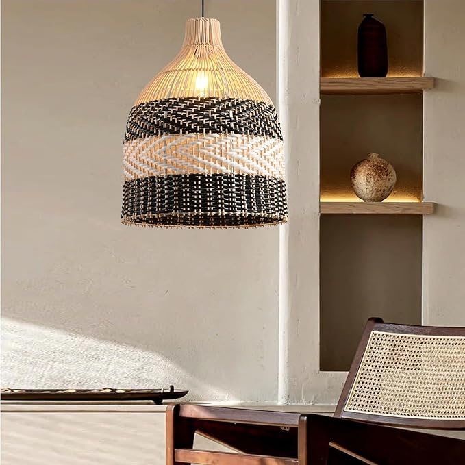 Rattan Pendant Light 1-Pack Black White Faux Rattan Basket Chandelier 11.8" Boho Handmade Woven Oval Wicker Hanging Light Fixture for Public Place Dining Living Bedroom Kitchen