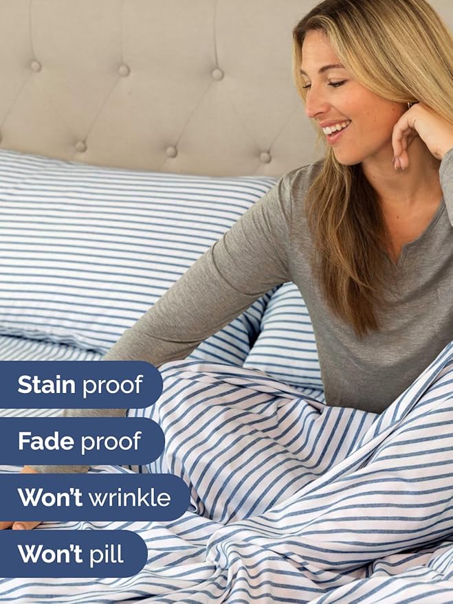 Extra Deep Twin Sheet Set - 4 Piece Breathable and Cooling Sheets - Hotel Luxury Bed Sheets Set - Easy Fit - Soft, Wrinkle Free and Comfy Sheets Set - Blue Striped Sheet Set with Extra Deep Pockets