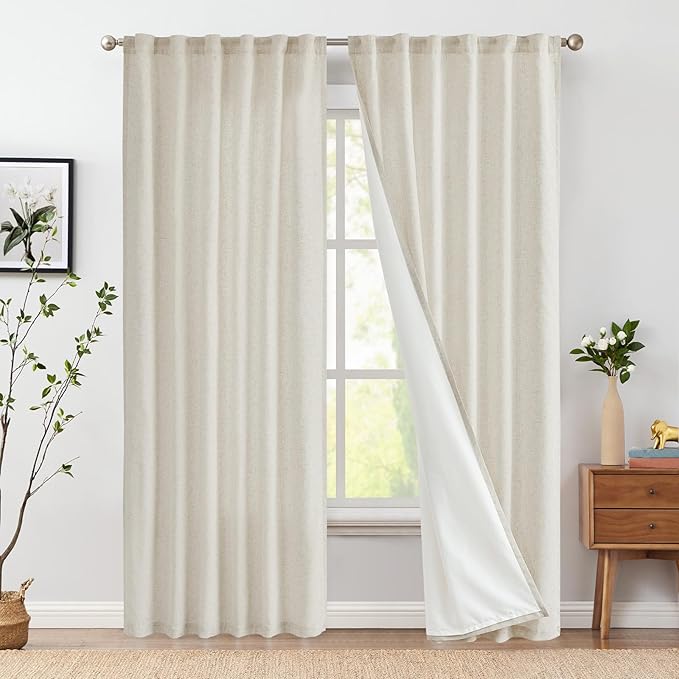 jinchan Linen Blend Curtains for Living Room 84 Inches Length 2 Panels Natural Window Treatment for Sliding Glass Doors, Farmhouse 50 Inches Wide Drapes Rod Pocket Back Tab (50W x 84L, Ecru)