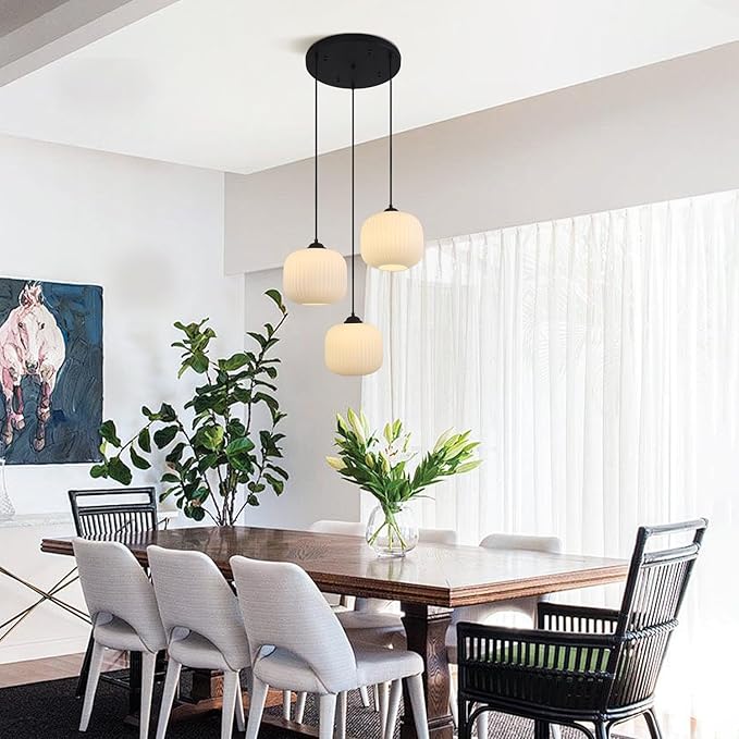 KCO Lighting 3 Light Cluster Pendant Modern Frosted Globe Chandelier Vintage Milk Glass Light Fixture Black Contemporary Cluster for Living Room Dining Room