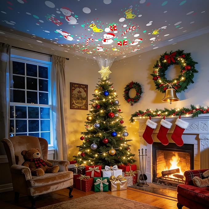 [6 Patterns] 9.05 inch Christmas Tree Topper Projector Snowflake with 6 Patterns Gold Snowflake Projector Tree Topper Plug in for Indoor Office Xmas New Year Holiday (Gold,3m Cable)