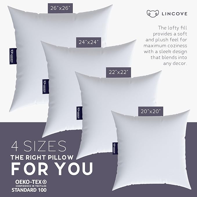 Lincove Euro Throw Pillow Insert Square 26"x26" Pillow – Made in Canada, 100% Cotton Shell, Down Alternative Filling, Vegan-Friendly, Hypoallergenic - Decorative Couch Pillows, 1 Pack