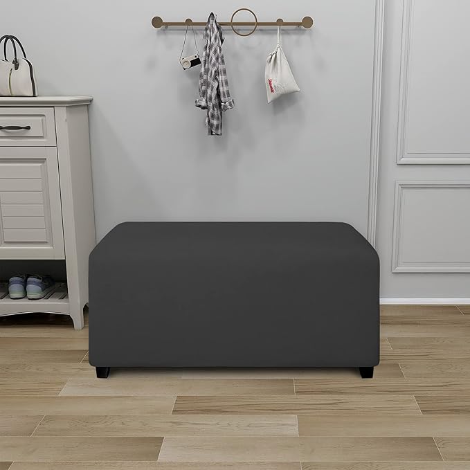 PureFit Super Stretch Soft Form Fit Ottoman Cover Rectangle - Ottoman Slipcovers for Foot Stool & Folding Storage Furniture for Living Room with Nonslip Elastic Bottom (Large, Dark Gray)