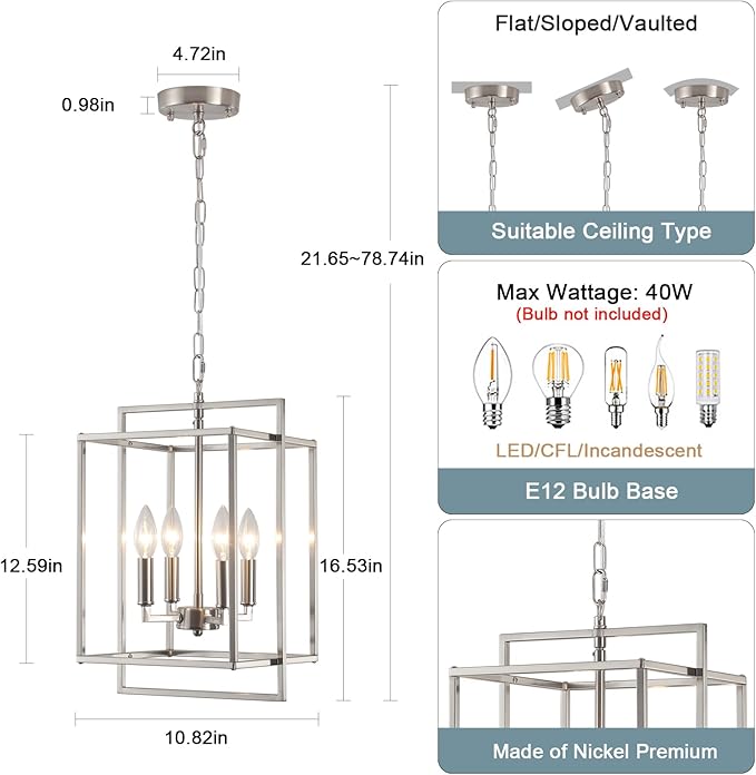 Nickel Chandelier Dining Room Light Fixture Lantern Chandeliers Iron Farmhouse Pendant Light Rustic Rectangle Adjustable Height Modern Kitchen Light for Living Room Entryway