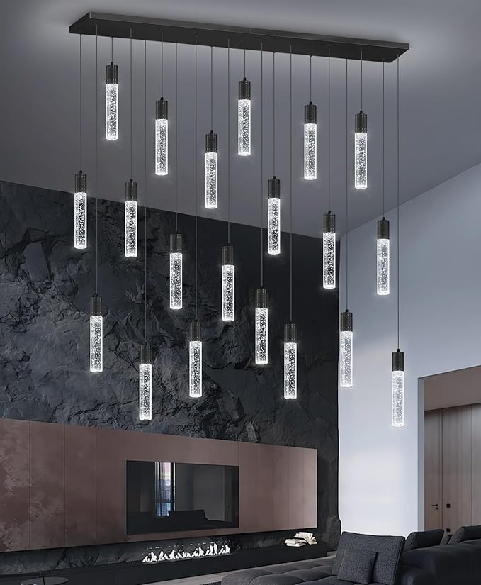 20-Lights Modern Crystal Rectangular Chandeliers LED Pendant Light for Kitchen Island High Ceiling Chandelier for Dining Room Entrance Foyer Living Room Black