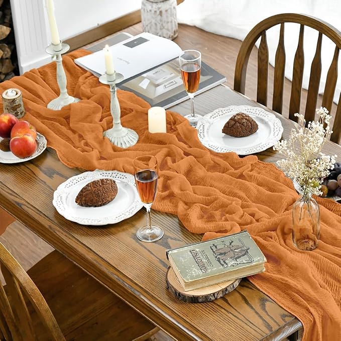 Artoid Mode Boho Cheesecloth Gauze Orange Wedding Table Runner, 160 Inch Seasonal Fall Thanksgiving Fabric Kitchen Dining Holiday Table Decor for Home Party Indoor