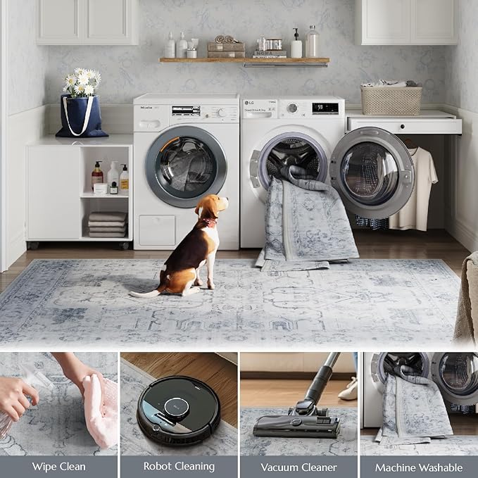 jinchan Hallway Runner Rug 2x8 Machine Washable - Vintage Floral Non-Slip Low-Pile Soft Ultra-Thin Faux Wool Kitchen Rug Distressed Carpet Runner for Farmhouse Bedroom Laundry Room (2x8ft, Grey)