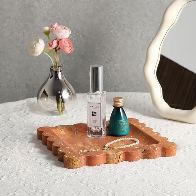 Travertine Decorative Tray, 7.8in Marble Vanity Tray with Scalloped for Coffee Table Decor, Vintage Jewelry Dish, Trinket Stone Dish for Rings Earrings, Unique Natural Necklaces Holder for Mom(Red)