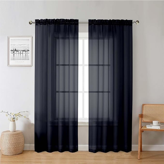 Lecloud Black Sheer Curtains 78 Inches Long 2 Panels Set, Privacy Voile Light Filtering Drapes, Airy Solid Window Curtains with Rod Pocket for Living Room Bedroom Basement, Each Panel 42" W x 78" L