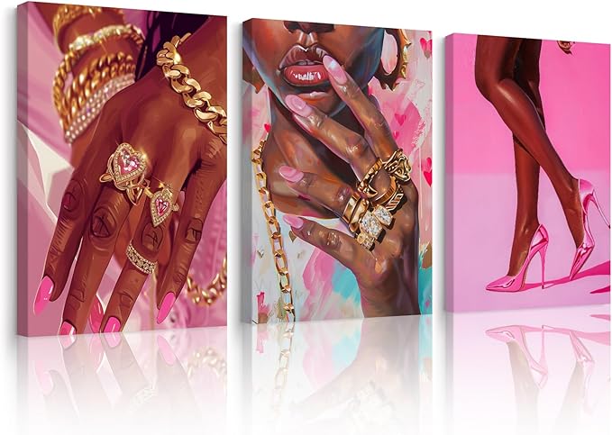 Black Girl Wall Art Pink African Woman Canvas Wall Decor Black Women People Art Fashion Poster African American Girl Pictures Pink Painting Artwork for Living Room Bedroom 12x16x3 Inch Ready to Hang