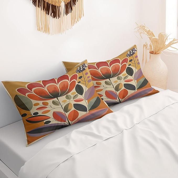 Boho Floral Pillow Protectors with Zipper Standard Size Matisse Botanical Print Pillow Covers Set of 2 Abstract Pillowcases Midcentury Modern Colorful Flower Bed Pillow Covers 30"X20" Orange