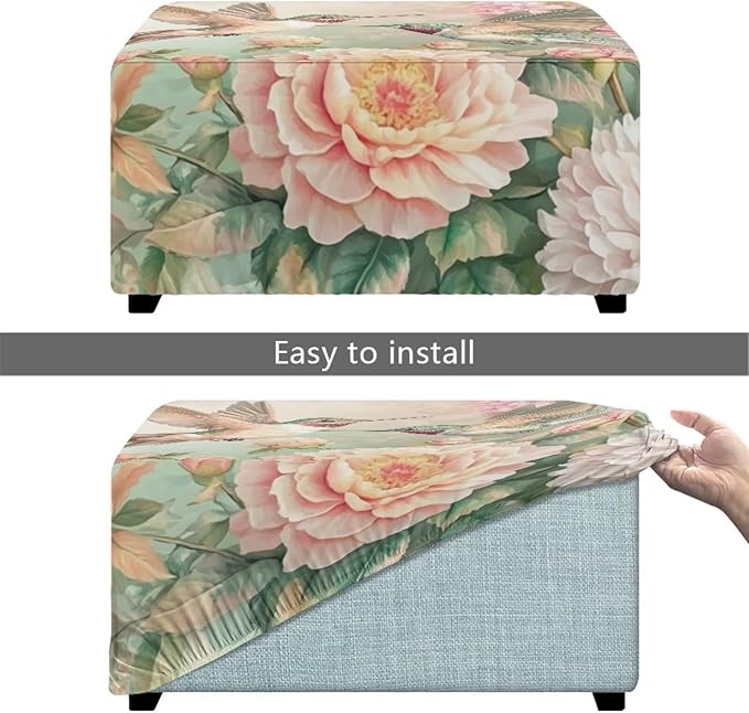Floral Hummingbird Ottoman Cover Rectangular Stretch Ottoman Slipcover Rectangle Waterproof Storage Footstool Covers Furniture Protector with Elastic Bottom for Living Room