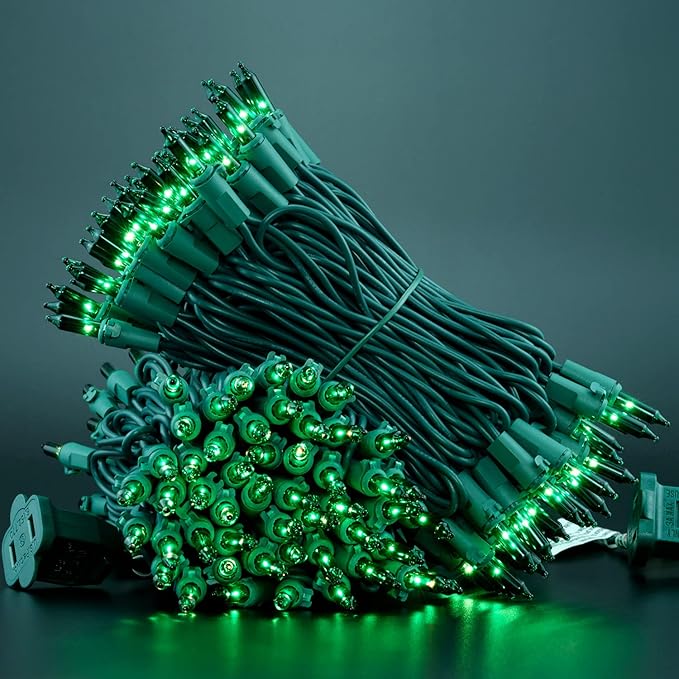 YULETIME 200 Green Christmas Lights, Pack of 2 Sets 33 Feet 100 Count UL Certified Incandescent String Lights (Green - Green Wire)