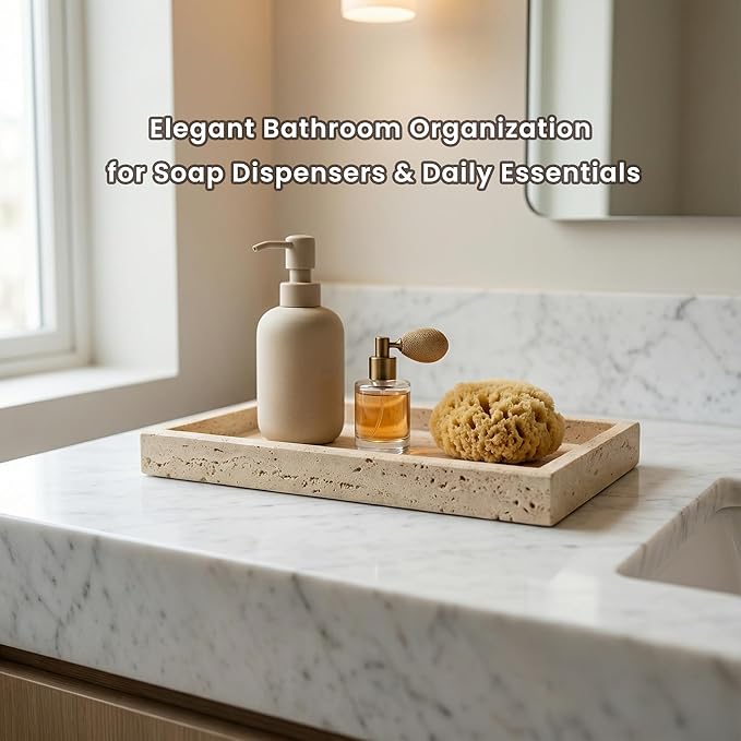 Natural Travertine Bathroom Vanity Tray, 12“x8” Beige Stone Organizer for Dresser, Decorative Tray for Perfume, Jewelry, Keys and Home Decor
