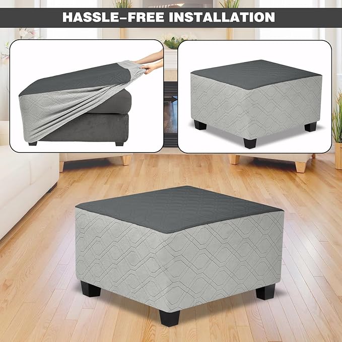 Ottoman Cover Square,Waterproof Square Ottoman Covers Thick Slipcover for Living Room,Washable Storage Footstool Furniture Protector for Dogs,Pets,Dark Grey,X-Large