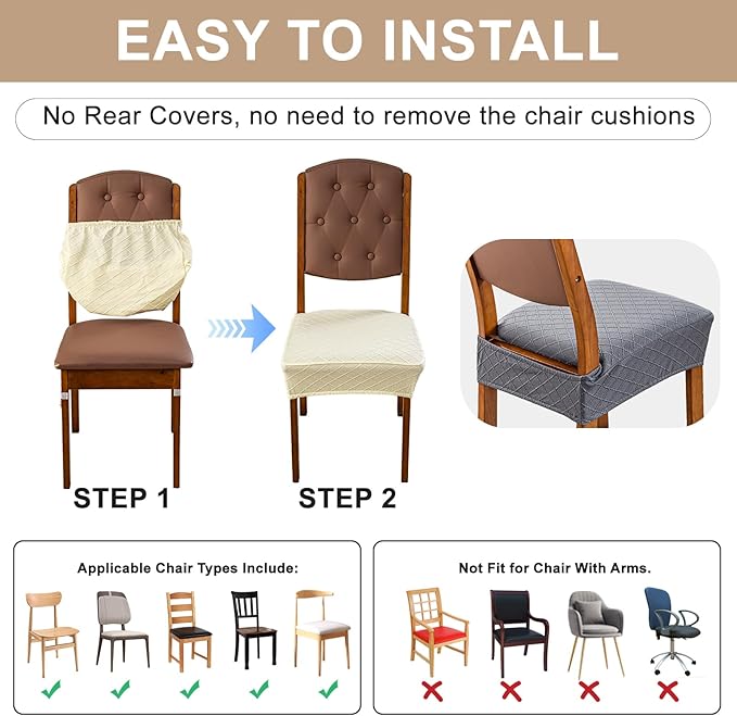 Genina Waterproof Seat Covers for Dining Room Chairs Covers Dining Chair Slipcovers Protector, No Rear Covers (Dark Gray, 4 Pcs)